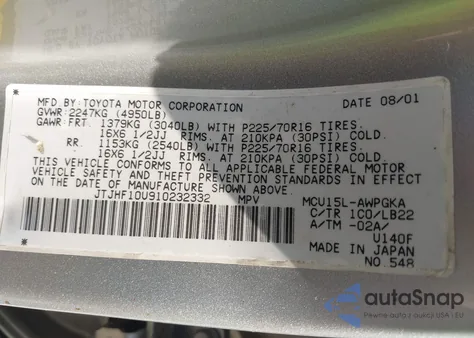 2001 Lexus Rx 300 300 z USA, uszkodzony, nr VIN JTJHF10U910232332